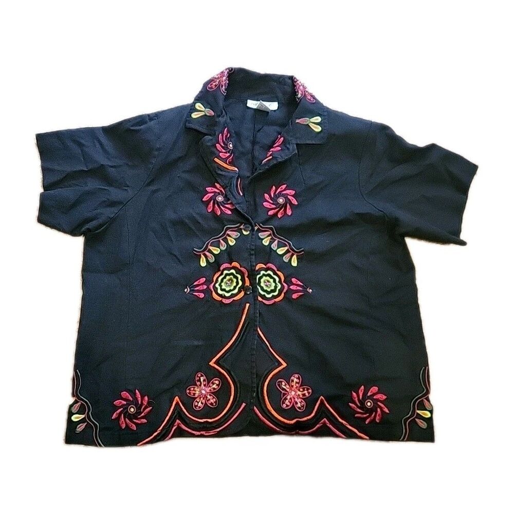A.K.C. Womens 1X Top Black Colorful Embroidered Floral Button 55% Linen-Rayon